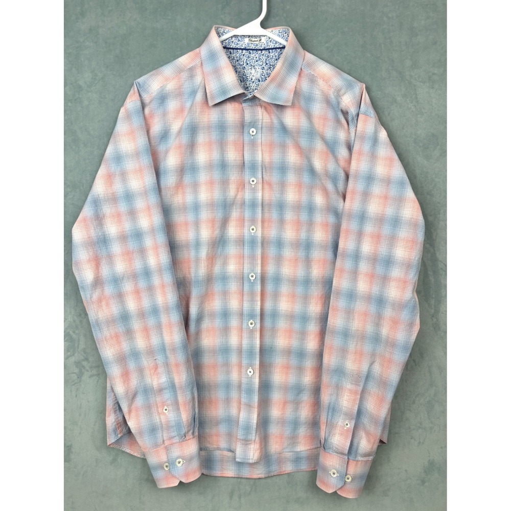 Bugatchi Uomo Mens Shaped Fit Plaid Button Down Shirt Blue Orange Cotton XL